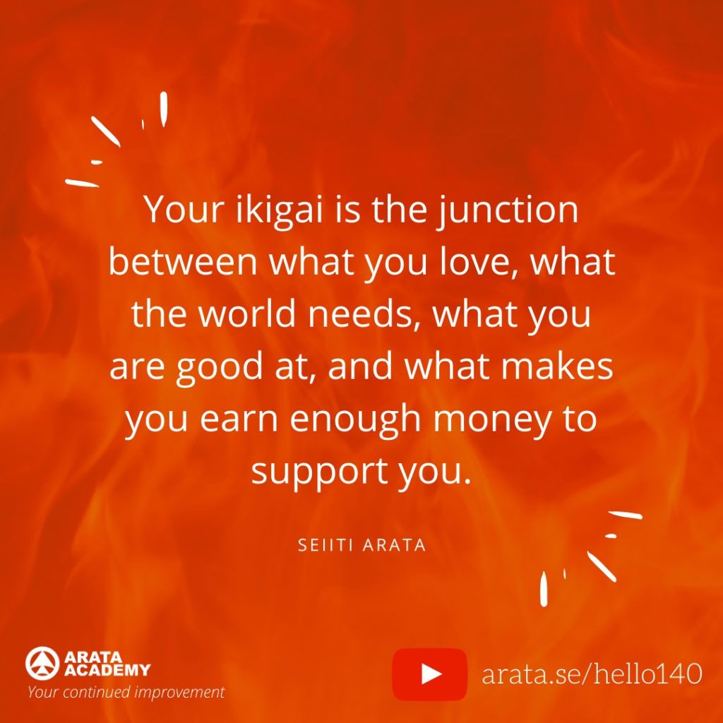 Your ikigai is the junction between what you love, what the world needs, what you are good at, and what makes you earn enough money to support you. (140) - Seiiti Arata, Arata Academy