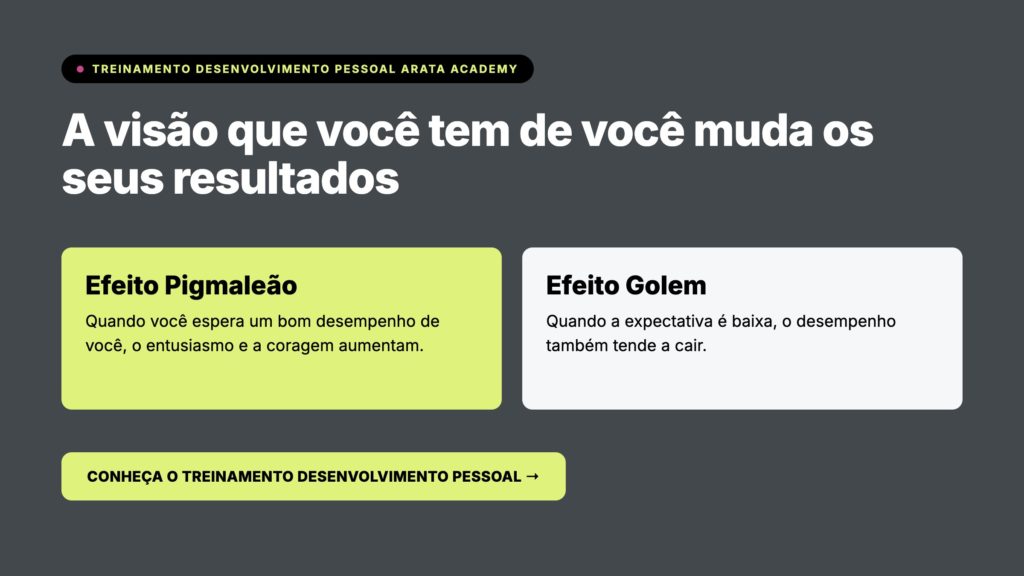 Desenvolvimento Pessoal Arata Academy, a visão que você tem de você muda os seus resultados, Efeito Pigmaleão e Efeito Golem