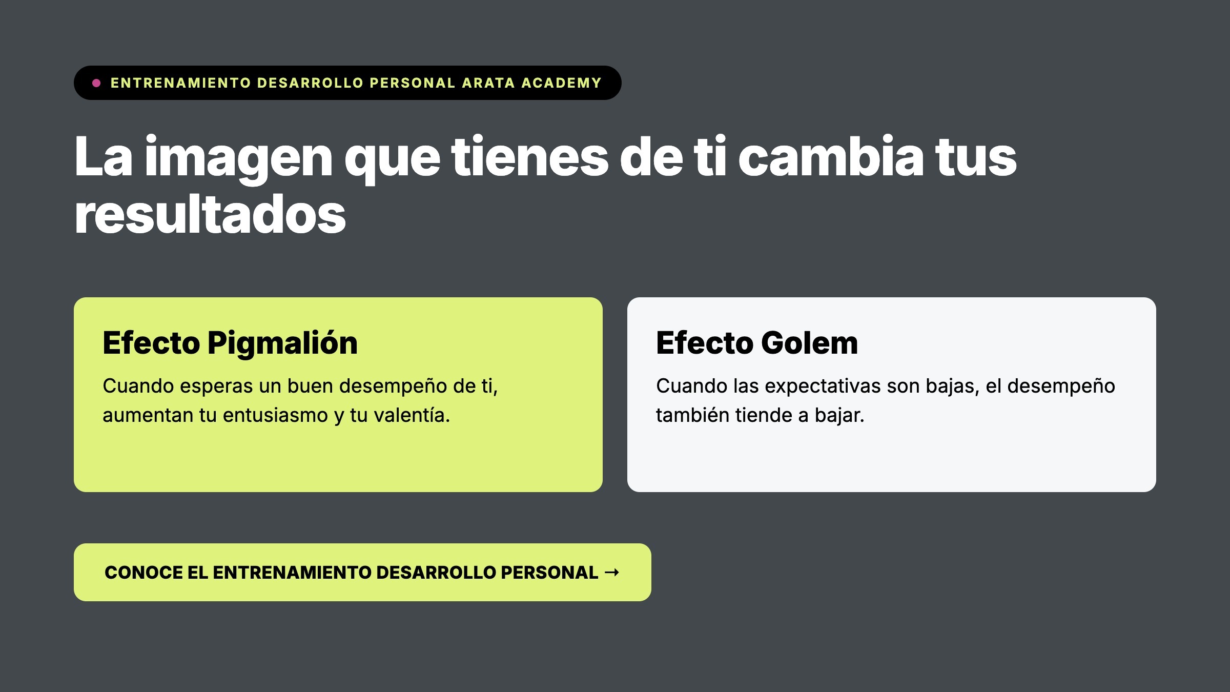 Entrenamiento Desarrollo Personal Arata Academy, la imagen que tienes de ti cambia tus resultados, Efecto Pigmalion